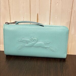 Longchamp Light Blue Leather Wallet with Horse